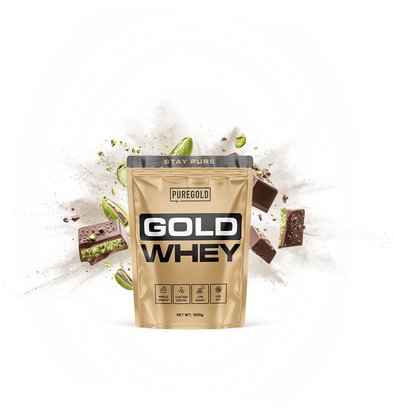 Gold Whey protein powder package with chocolate and pistachios